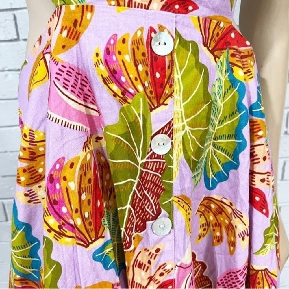 Farm Rio Lilac Beaks and Bananas Print Cutout Midi Dress Button Front Womens | M - Picture 13 of 16